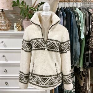 Faherty | Cream & Brown Sherpa Teddy Half Zip Jacket size Medium